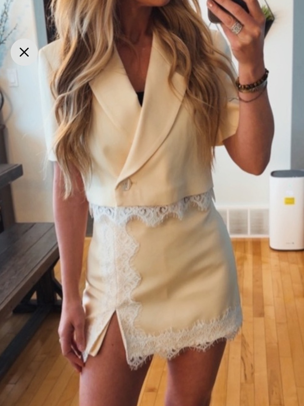 Zara Cream Lace-Trim Mini Skirt and Blazer Set